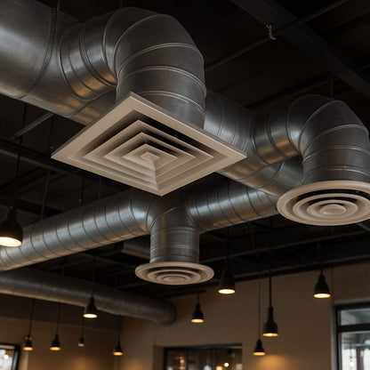 Commercial HVAC & Air Duct Cleaning,  Commercial Air Duct Cleaning Ceiling with industrial ductwork and lighting fixtures. Restaurant duct cleaning by Power HVAC Services.