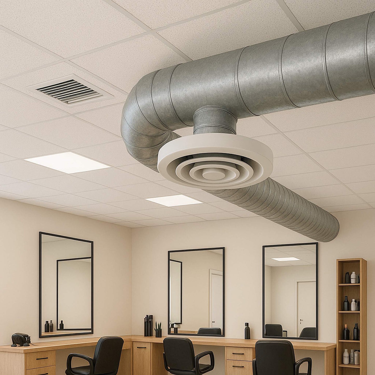 Commercial HVAC & Air Duct Cleaning,  Commercial Air Duct Cleaning Ceiling with ductwork and lighting fixtures above a vanity area with mirrors and chairs. Duct work of salon done by Power HVAC services.