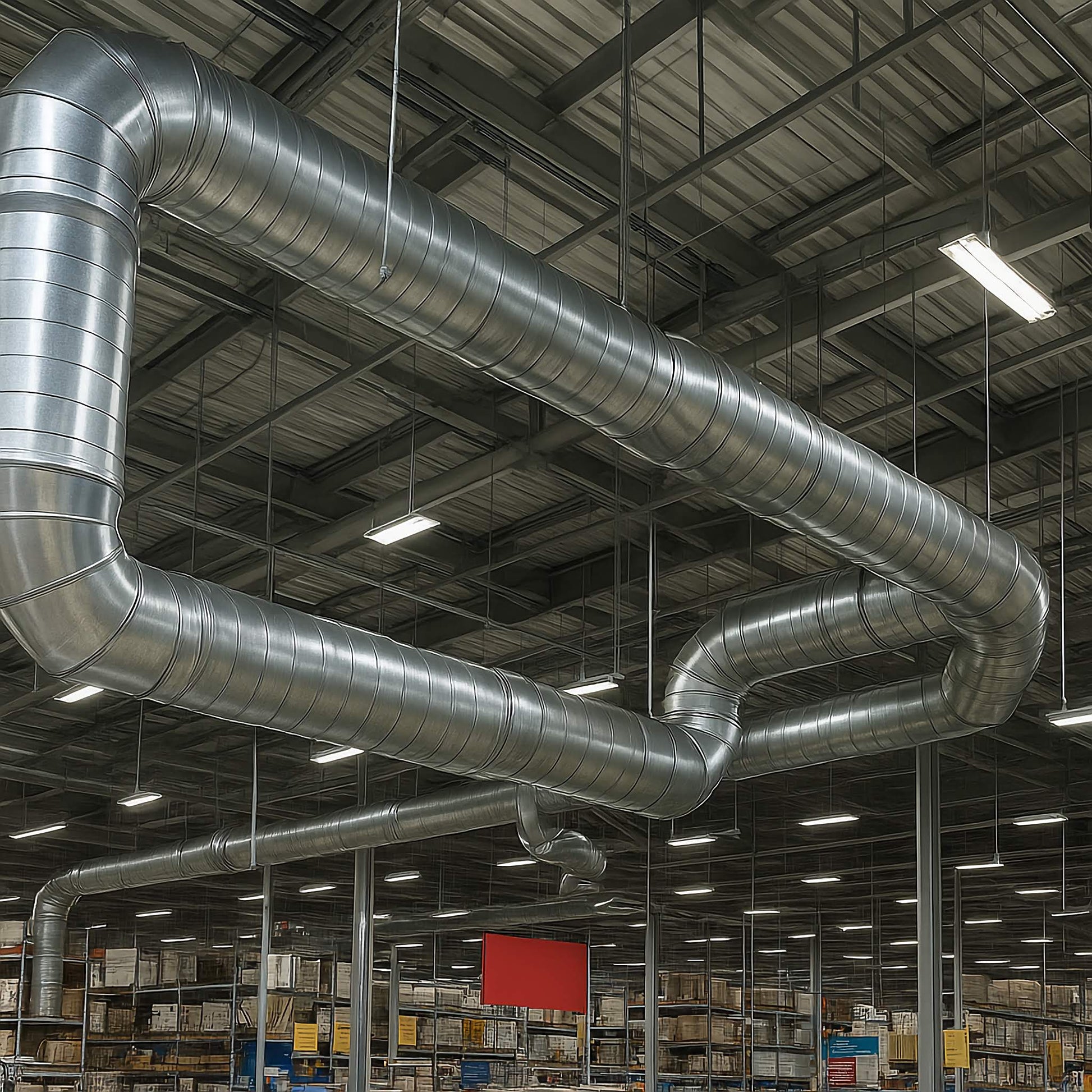 Commercial HVAC & Air Duct Cleaning, Commercial Air duct cleaning of a Industrial warehouse interior with large metal ducts on the ceiling.