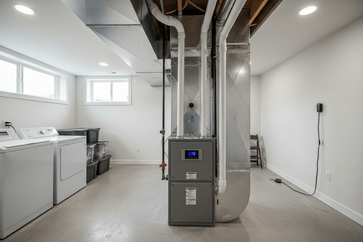 Basement with HVAC system, washer, dryer, and storage bins and furnace cleaning