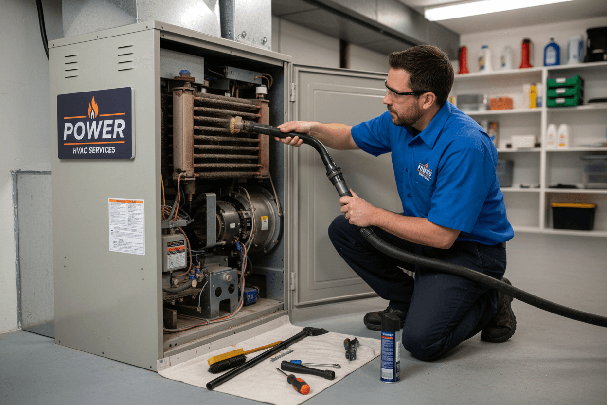 Furnace cleaning by a Mechanic working on an HVAC unit with tools and equipment around