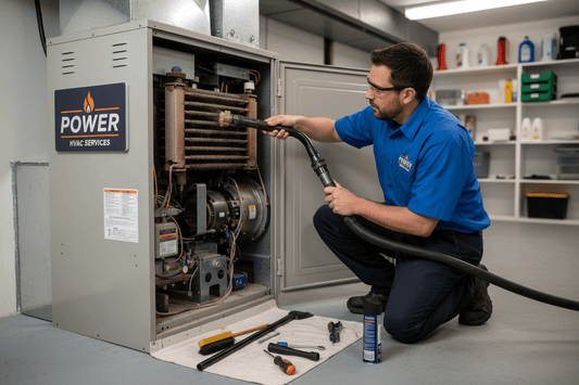 Furnace cleaning by a Mechanic working on an HVAC unit with tools and equipment around