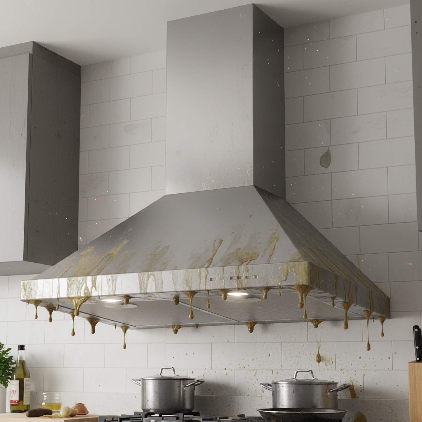 Stainless steel range hood with visible grease stains in a kitchen setting. Needs immediate kitchen hood cleaning by Power HVAC Services.