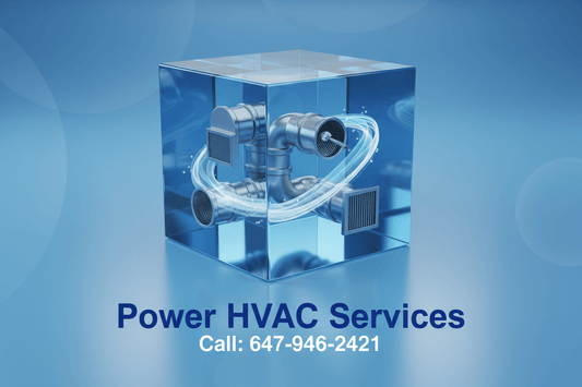 Clear cube with HVAC components on a blue background, advertising Power HVAC Services for air duct cleaning services.