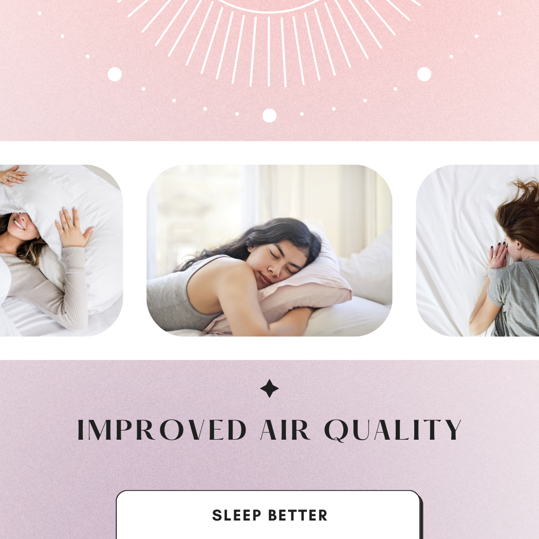 A collage of three people sleeping on pillows, with a decorative pink background and the text Improved Air Quality below.