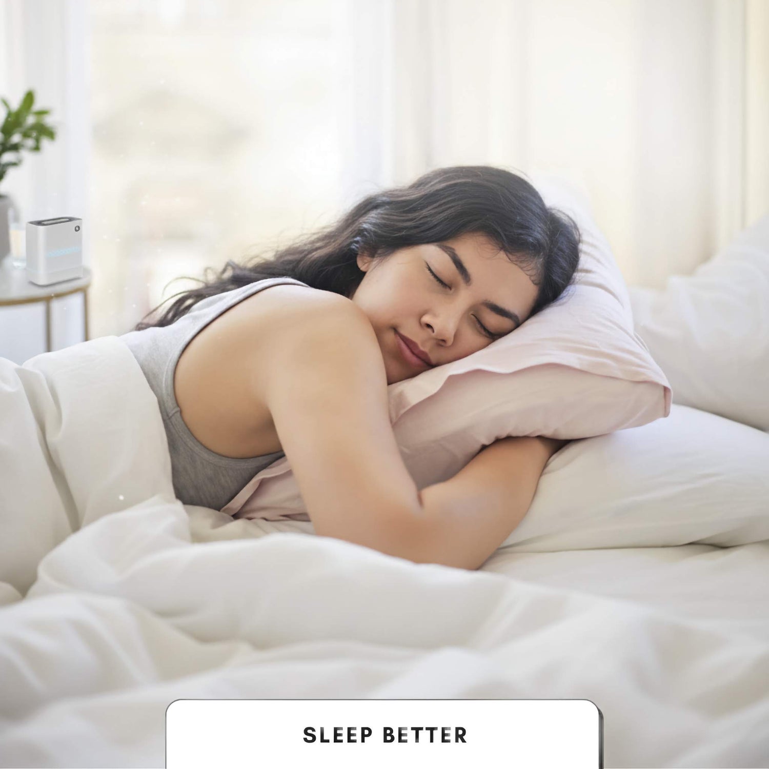result of improved indoor air condition shows a woman sleeping soundly on a bed with 'Sleep Better' text overlay