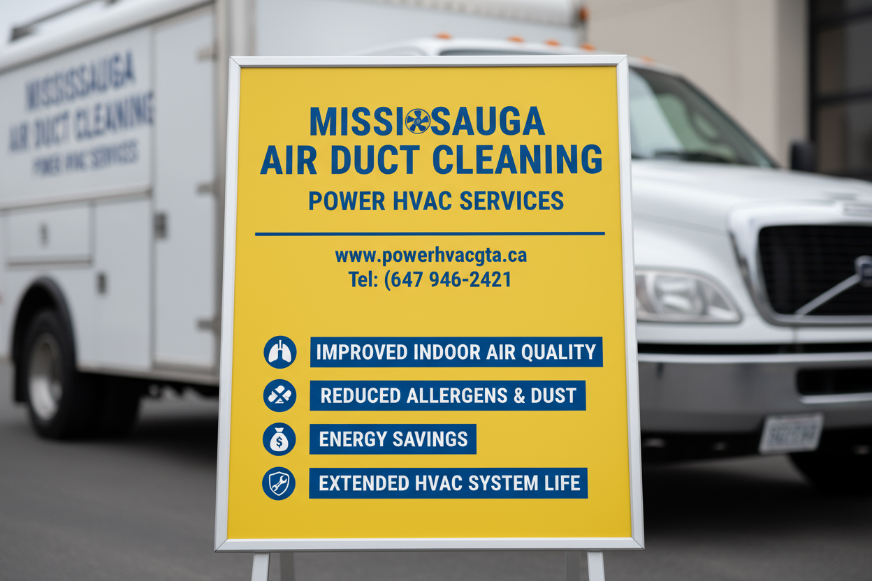 Mississauga Air Duct Cleaning services offered by Power HVAC Services sign in front of a white van