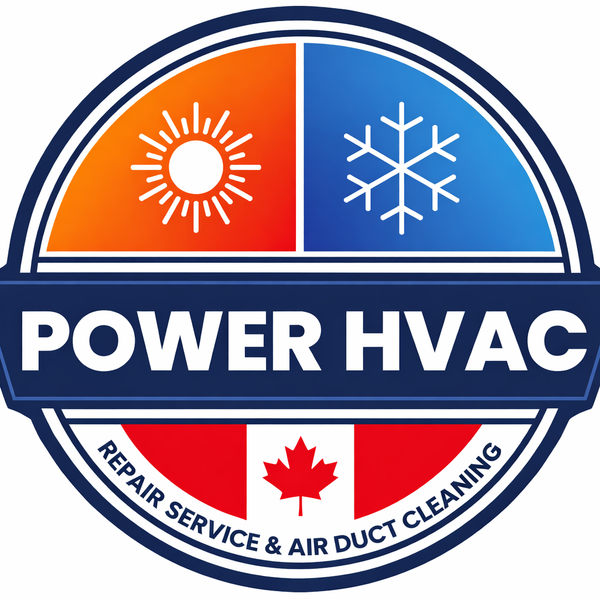 Logo for Power HVAC Service Inc. with test Air duct cleaning and sun, snowflake, and Canadian flag elements on a white background.