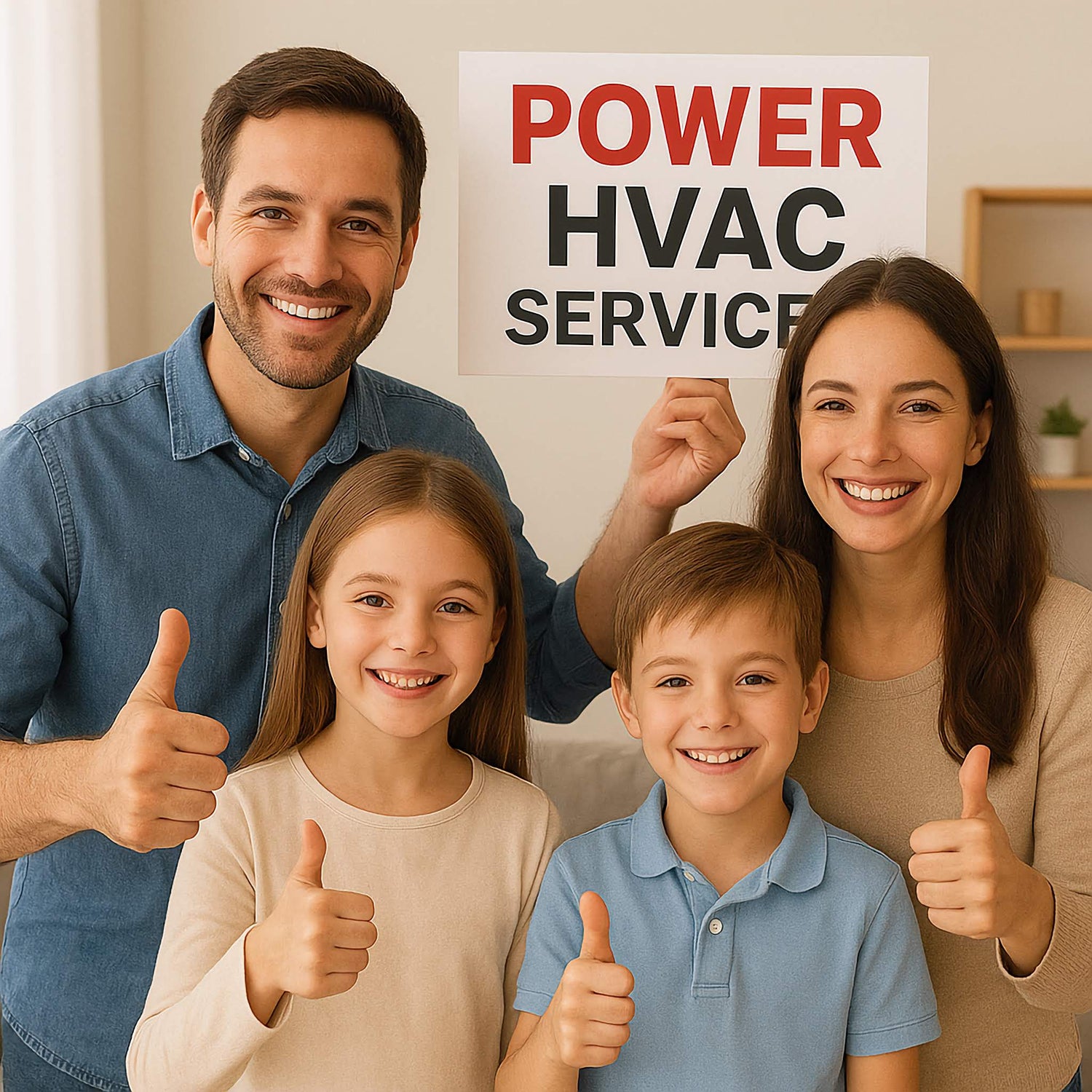Family giving thumbs up in a living room with a 'Power HVAC Services' sign.