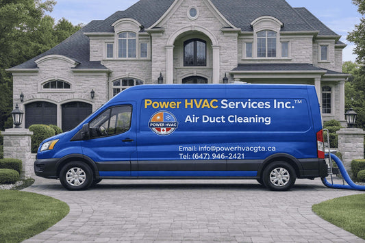 Blue Air duct cleaning van of Power HVAC service inc. parked in front of a house