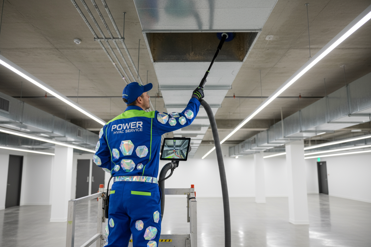 Technician cleaning and showing duct work cleaning condition wearing highlighted Power HVAC Service gem suit