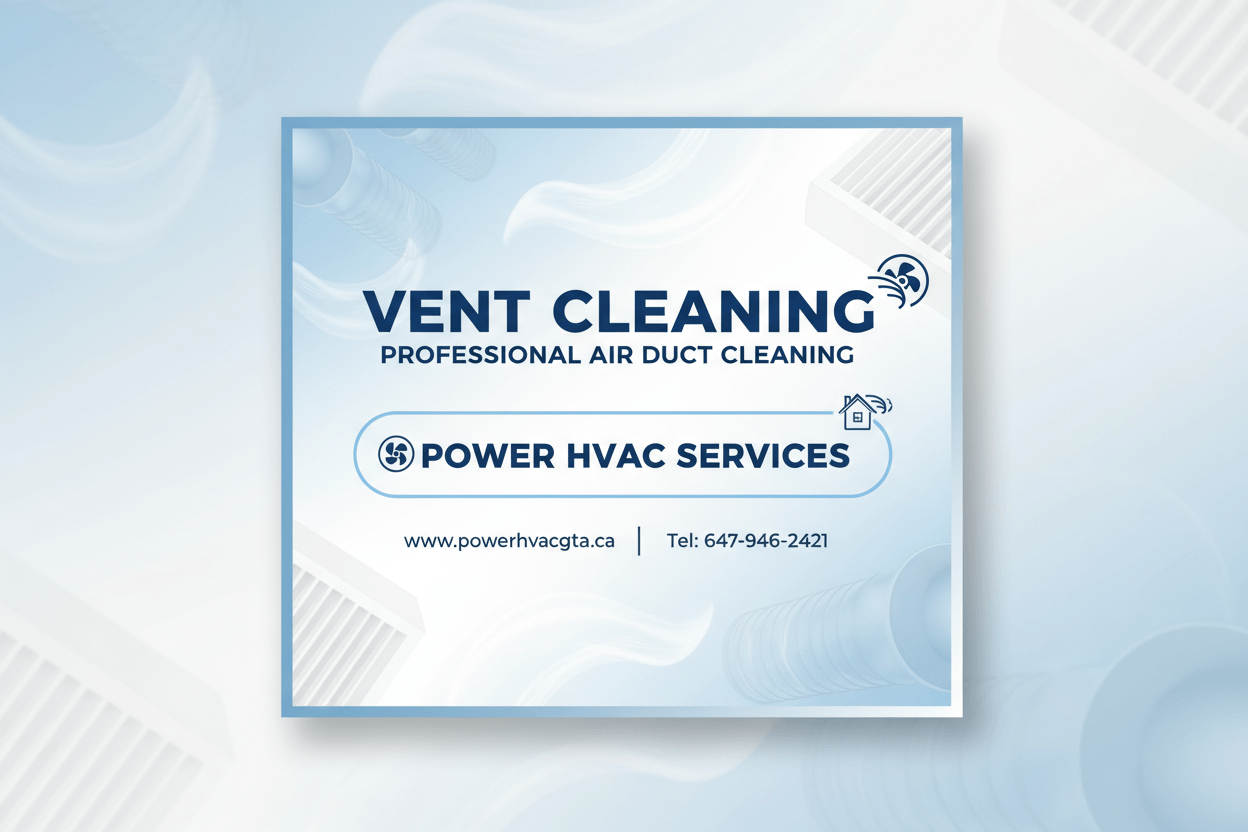 1080x1080 size board showing Vent Cleaning | Professional Air Duct Cleaning by highlighted Power HVAC Services www.powerhvacgta.ca Tel: 647-946-2421