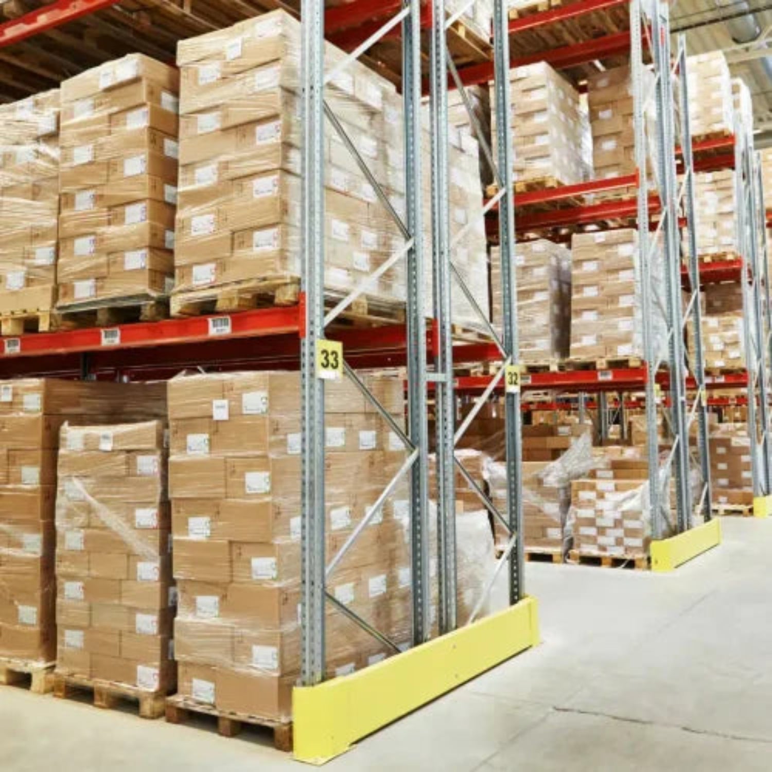 Organized boxes sit on metal shelves in a warehouse with robot-assisted cleaning ensuring spotless aisles, showcased by Power HVAC Services Commercial Air Duct Cleaning and general cleaning of warehouse.