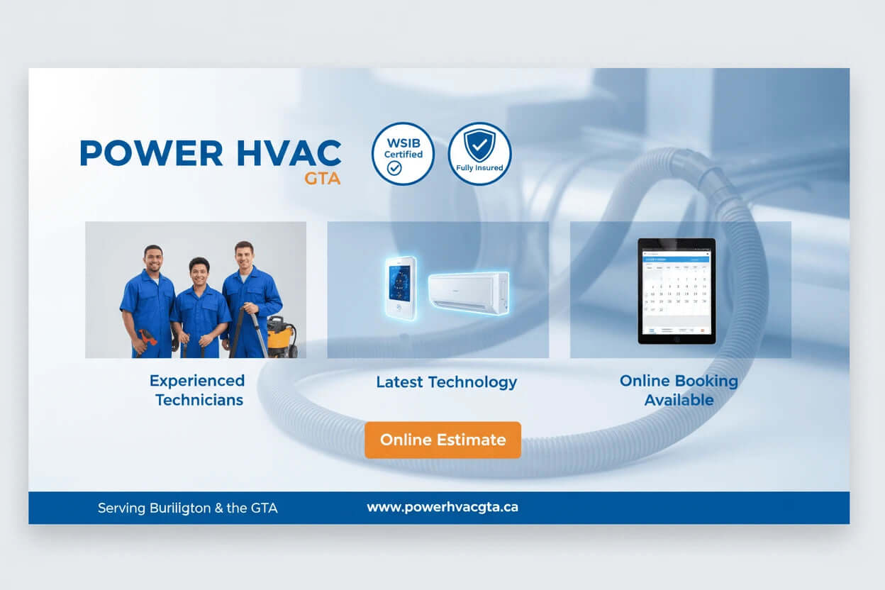 Why choose power hvac services duct cleaning Promotional graphic for Power HVAC GTA with text and images of HVAC professionals, technology, and services.
